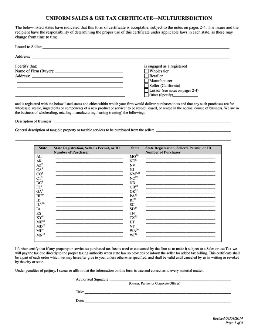 Uniform Sales Tax Certificate