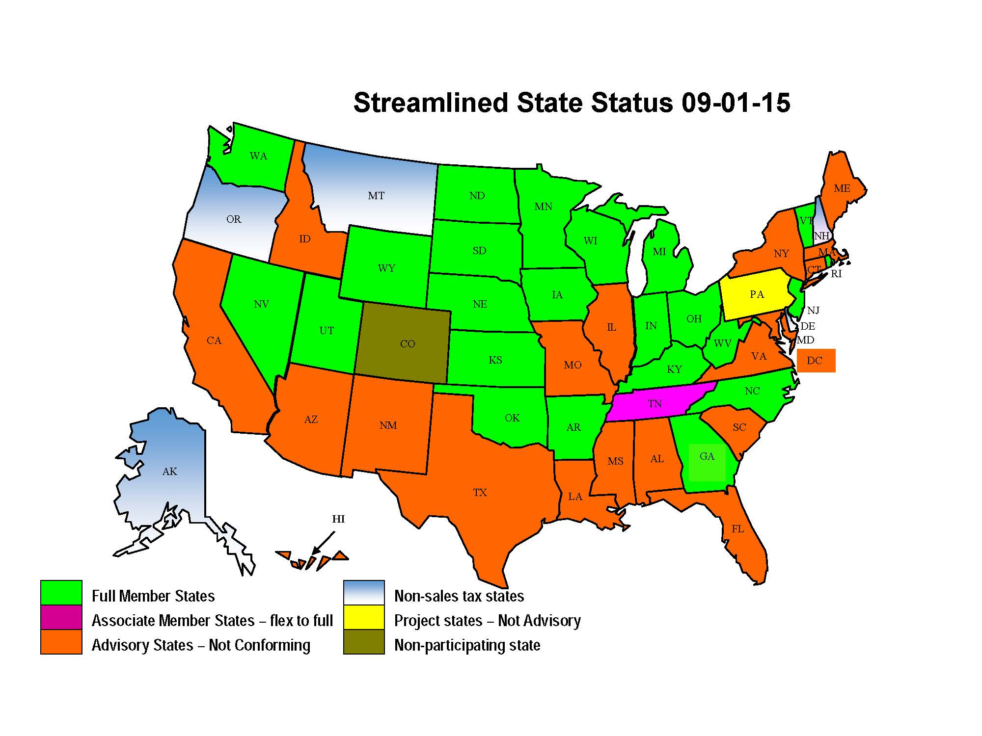 Map of states ratifying the Streamlined Sales Tax Agreement